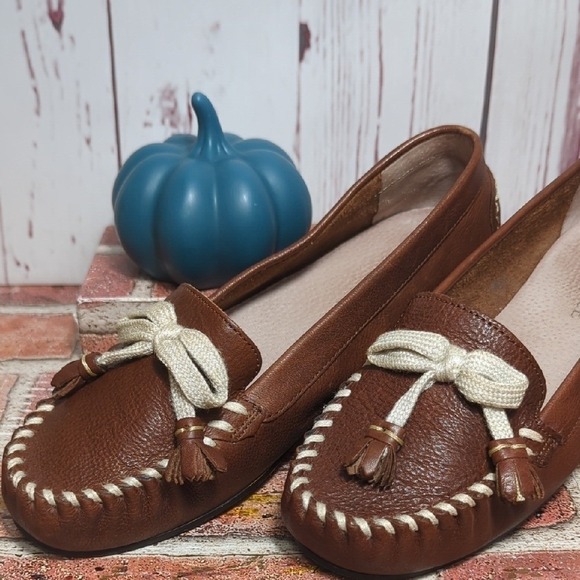 Fat Face British Brown Leather Loafers Women's 8.5 Cream Bow Stitching‎ Heritage - Picture 3 of 16